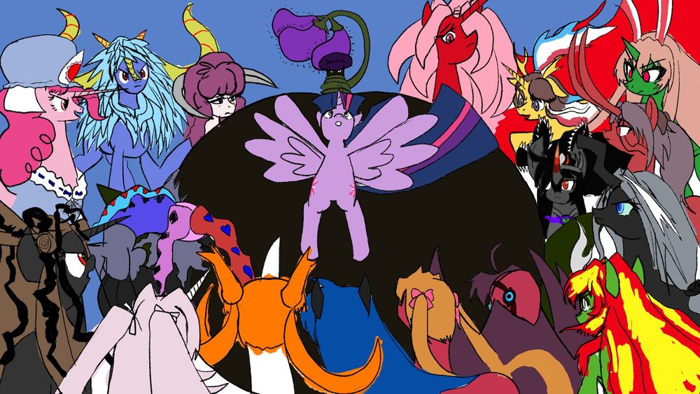 Want-It Need-It Spell: Twilight casting the want-it need-it spell on some eggplants whilst a bunch of other characters stare at it. Queen Sombra is there.