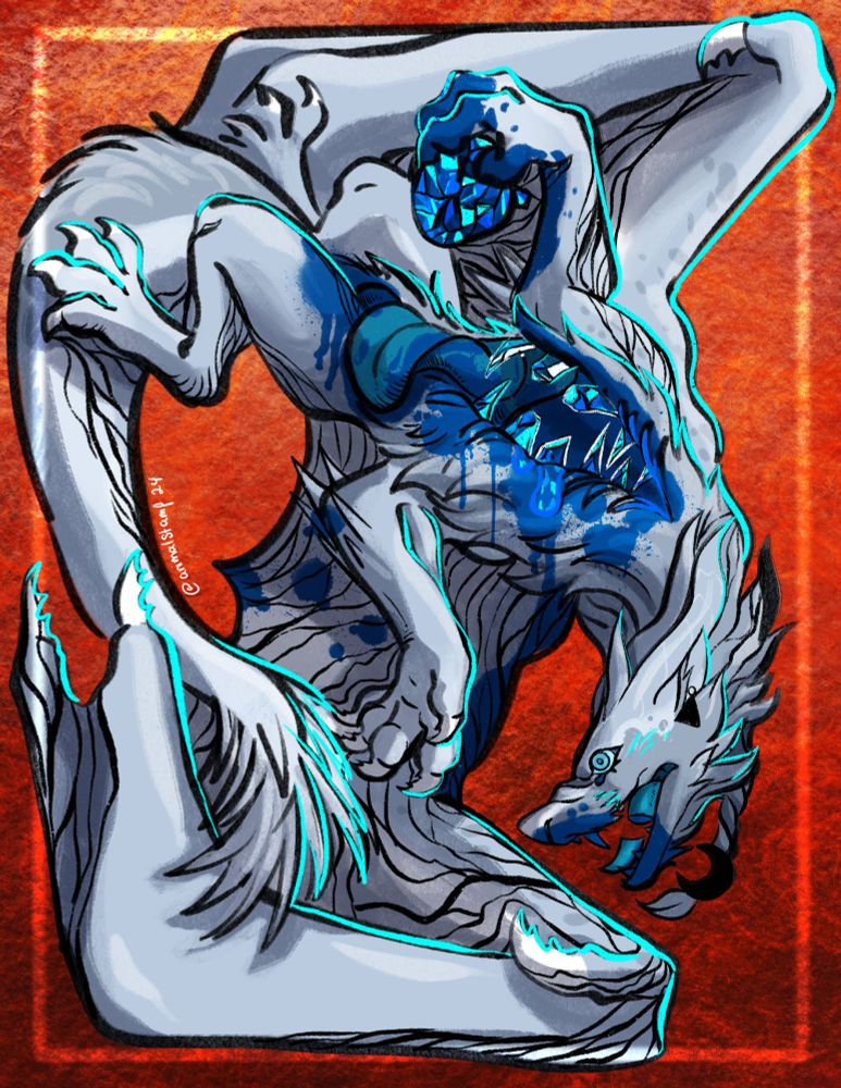 Digital painting of Wings of Fire character Prince Artic depicting the scene where he disembowels himself. His chest is cut open exposing crystal ice ribs and his guts. In his right claw his clutches his ice-covered heart like a prize. He is splayed out like a broken doll; neck twisted the wrong way