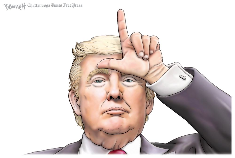 Cartoon Trump saluting with the Loser "L."