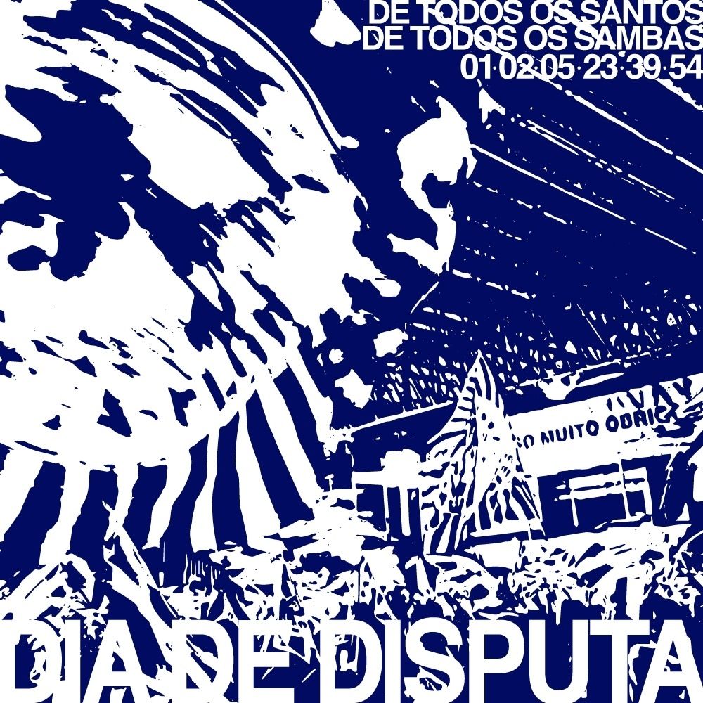 Arte com o interior da quadra da escola de samba da Beija Flor de fundo, com bandeiras da escola acenando e o povo em festa