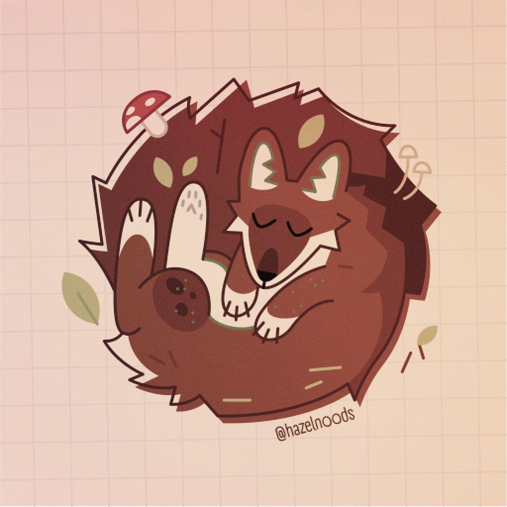 Simplified illustration of a pine marten, sleeping curled up on their tail, which is littered with leaves and mushrooms.