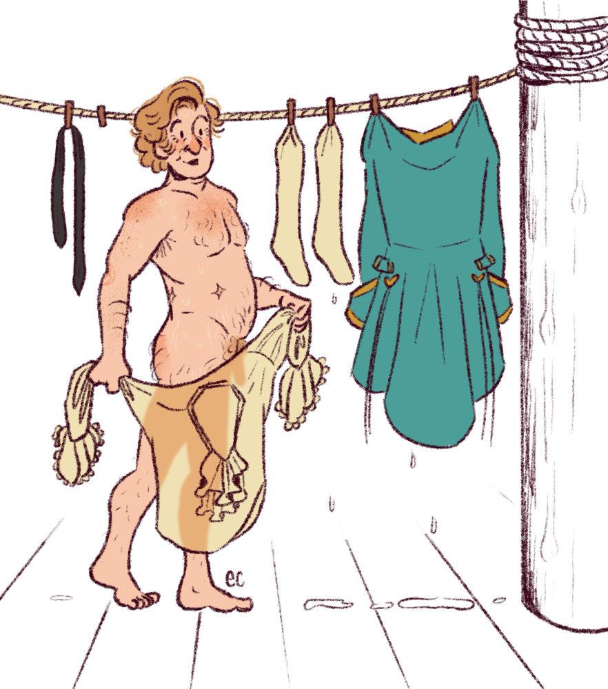 a digital drawing of stede from ofmd hanging laundry on rope. he’s completely naked and holding a white shirt that is translucent, exposing the shadow of his cock