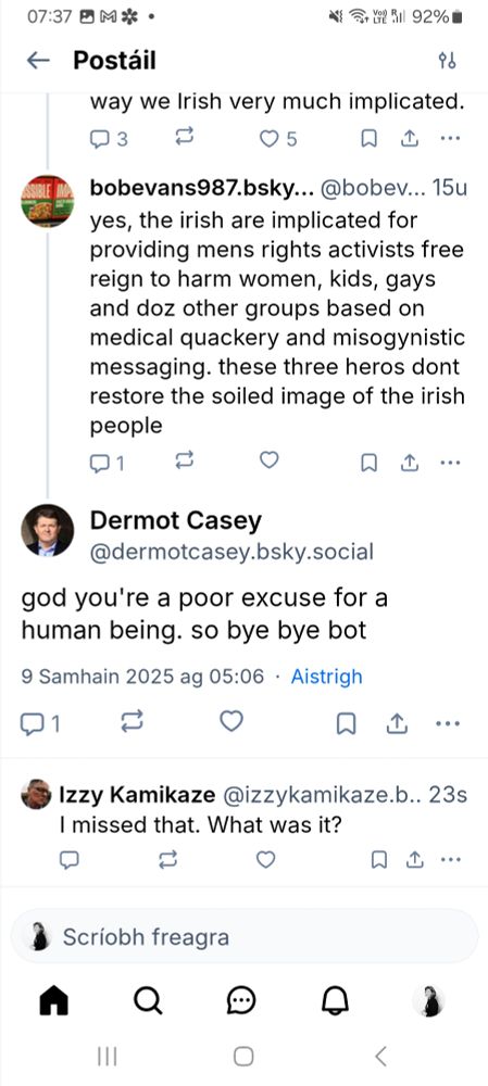 From Bobovans saying the Irish are implicated in giving men's rights to women and other transphobic shite.