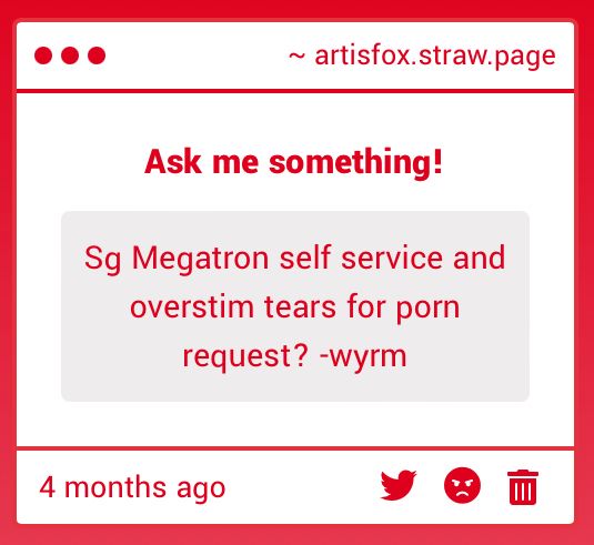 A strawpage request for "Sg Megatron self service and overstim tears for porn request?" from wyrm