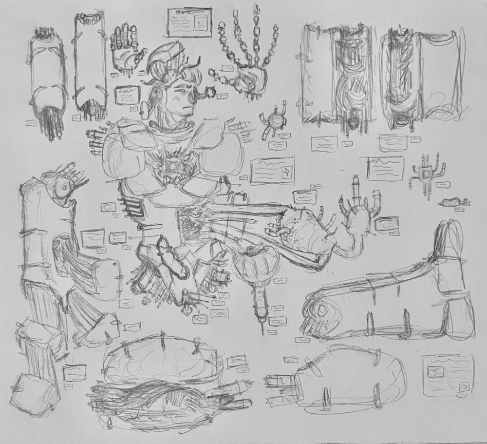 A dismembered robot set up in a museum like display case. Each limb has been carefully sectioned, several organs have been pulled out and bolted down, and many places have been cracked open like a shellfish's carapace to bare the wiring; all to expose as much as possible. The robot's erect penis is pinned against its body, and the sound rod inserted into the tip is connected to a string, which indicates the informational plaque that is relevant to that particular feature. There are at least a dozen such plaques throughout the display, though none of them have legible text. The robot's face is scrunched into an expression of resigned dismay, and the tear in the corner of its eye reveals that they are alive, conscious, and likely fully aware of everything that has happened to them.