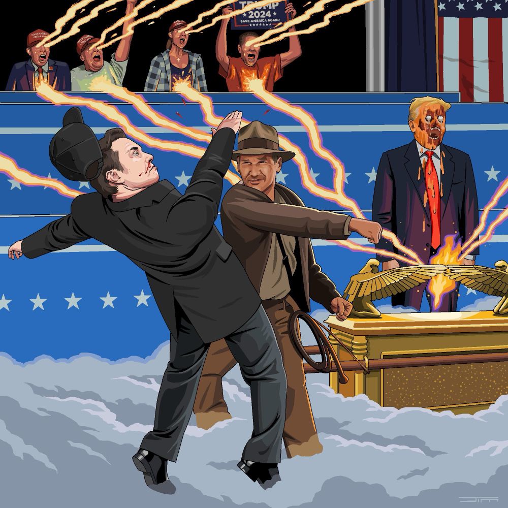 A painting of Indiana Jones punching Elon Musk while Maga idiots and Donald trump are melted by beams coming from the ark of the covenant. 