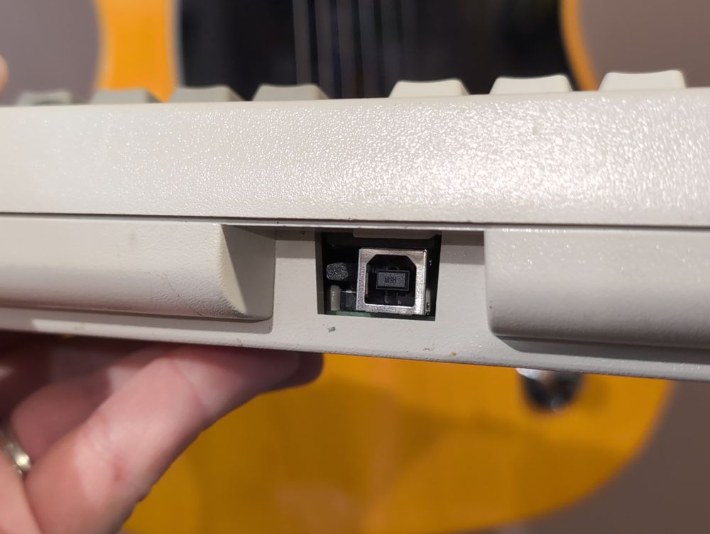The back of an IBM Model M keyboard, where the cable plugs in. Instead of the older SDL connection, a more modern USB-B connection is present. In the background is a Fender Telecaster.