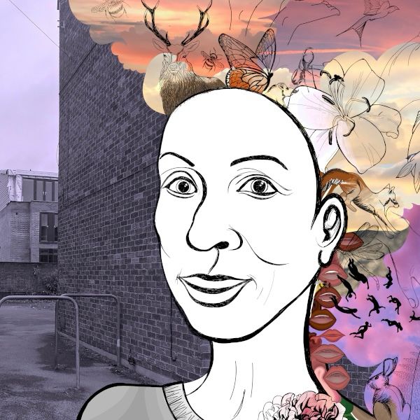 A digital illustration of a woman with the back of her head turning into a multicoloured collage of animals, lips, sunsets, flowers, and limbs. Behind her is a black and white image of an alleyway