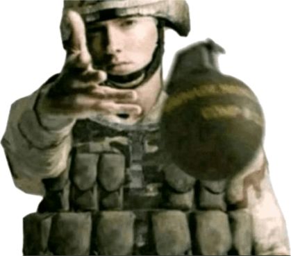 Meme of Eminem in combat armor casually throwing a grenade towards the viewer