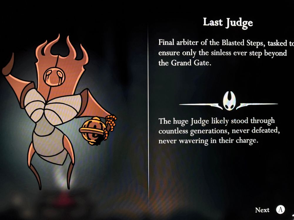 The Silksong Journal page for Last Judge with the section at the bottom for having cleared it filled in. It reads:

Last Judge
Final arbiter of the Blasted Steps, tasked to ensure only the sinless ever step beyond the Grand Gate.
The huge Judge likely stood through countless generations, never defeated, never wavering in their charge.
