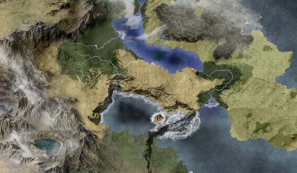 Vast lands with depth and bodies of water, encapsulated in swirling clouds. 