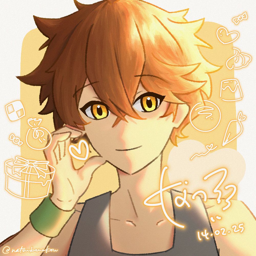 an illustration of jax from pokemon unbound making half a heart with his hand on his cheek in the spirit of valentine's day. his autograph is signed over the drawing beside several sticker-like decorations for a photocard-like feel.