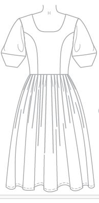 a line drawing of the dress I'm going to make. the statement feature is a pair of sleeves that start narrow at the sholder, widen like a funnel to the elbow, and then narrow down again to be tight to the arm, also in a funnel shape. the shilouette suggests a traditional paper lantern. the rest of the dress is a princess seamed bodice and a voluminous pleated skirt.