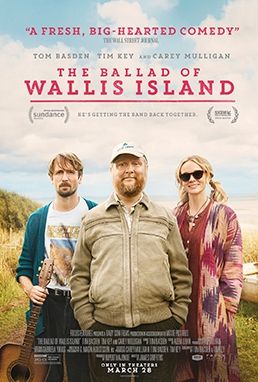 Film poster for The Ballad of Wallace Island. 2 men and 1 woman stand on a coastline looking at the camera.