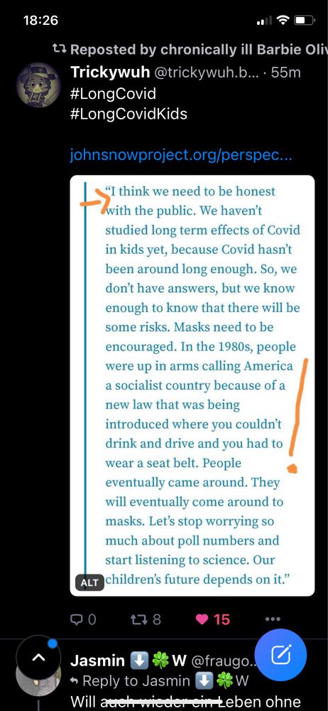 johnsnowproject.org/perspec...
"I think we need to be honest with the public. We haven't studied long term effects of Covid in kids yet, because Covid hasn't been around long enough. So, we don't have answers, but we know enough to know that there will be some risks. Masks need to be encouraged. In the 1980s, people were up in arms calling America a socialist country because of a new law that was being introduced where you couldn't drink and drive and you had to wear a seat belt. People eventually came around. They will eventually come around to masks. Let's stop worrying so much about poll numbers and start listening to science. Our children's future depends on it."