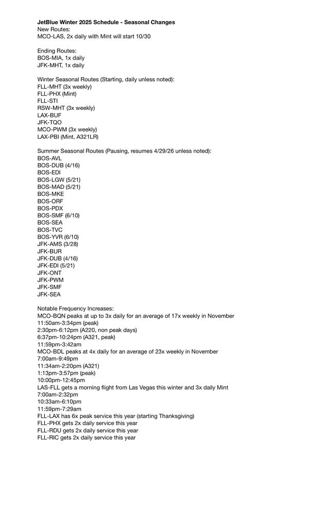 JetBlue Winter 2025 Schedule - Seasonal Changes
New Routes: 
MCO-LAS, 2x daily with Mint will start 10/30

Ending Routes:
BOS-MIA, 1x daily
JFK-MHT, 1x daily

Winter Seasonal Routes (Starting, daily unless noted):
FLL-MHT (3x weekly)
FLL-PHX (Mint)
FLL-STI 
RSW-MHT (3x weekly)
LAX-BUF
JFK-TQO 
MCO-PWM (3x weekly)
LAX-PBI (Mint, A321LR)

Summer Seasonal Routes (Pausing, resumes 4/29/26 unless noted): 
BOS-AVL
BOS-DUB (4/16)
BOS-EDI
BOS-LGW (5/21)
BOS-MAD (5/21)
BOS-MKE
BOS-ORF
BOS-PDX
BOS-SMF (6/10)
BOS-SEA
BOS-TVC
BOS-YVR (6/10)
JFK-AMS (3/28)
JFK-BUR
JFK-DUB (4/16)
JFK-EDI (5/21)
JFK-ONT
JFK-PWM
JFK-SMF
JFK-SEA

Notable Frequency Increases:
MCO-BQN peaks at up to 3x daily for an average of 17x weekly in November 
11:50am-3:34pm (peak)
2:30pm-6:12pm (A220, non peak days)
6:37pm-10:24pm (A321, peak)
11:59pm-3:42am
MCO-BDL peaks at 4x daily for an average of 23x weekly in November 
7:00am-9:49pm
11:34am-2:20pm (A321)
1:13pm-3:57pm (peak)
10:00pm-12:45pm
LAS-FLL gets a morning flight from Las Vegas this winter and 3x daily Mint
7:00am-2:32pm
10:33am-6:10pm
11:59pm-7:29am
FLL-LAX has 6x peak service this year (starting Thanksgiving)
FLL-PHX gets 2x daily service this year
FLL-RDU gets 2x daily service this year
FLL-RIC gets 2x daily service this year

