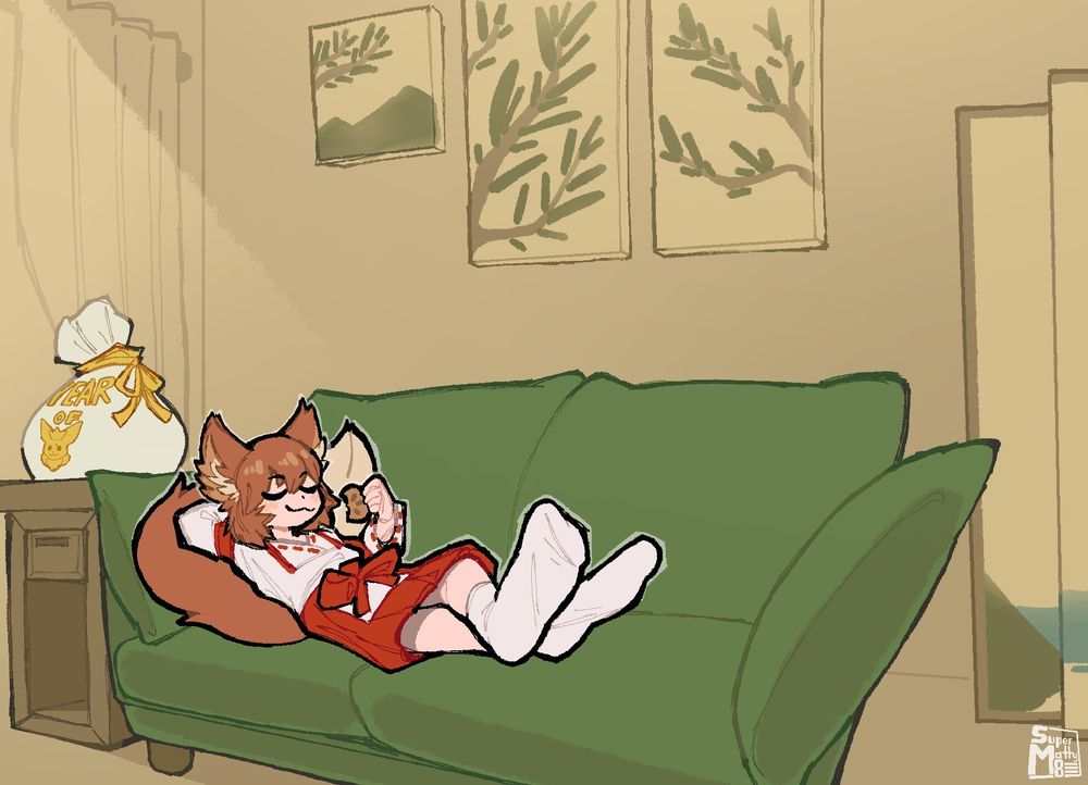 Cozy snacking. Loose, fluffy socks. Resting against fluffy tail. What more could one want?