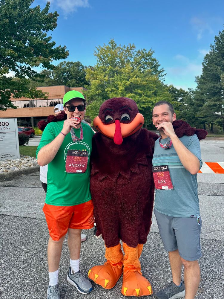 Andrew and Alex with their Hokie Half finisher medals and the Hokie Bird! 