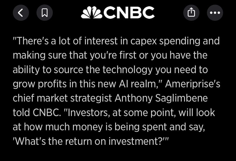 CNBC article: "There's a lot of interest in capex spending and making sure that you're first or you have the ability to source the technology you need to grow profits in this new AI realm," Ameriprise's chief market strategist Anthony Saglimbene told CNBC. "Investors, at some point, will look at how much money is being spent and say, 'What's the return on investment?'"