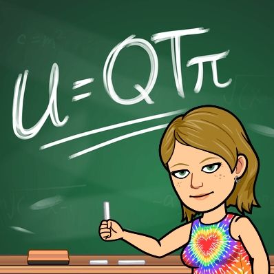 Bitmoji of me writing "U=QTπ" on a chalkboard with chalk