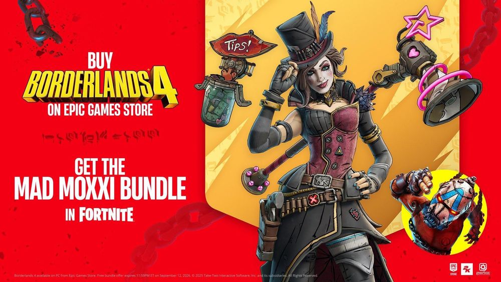 An ad for the Mad Moxxi bundle in Fortnite, previously a Borderlands 4 preorder bonus for those who purchased in the Epic Games Store