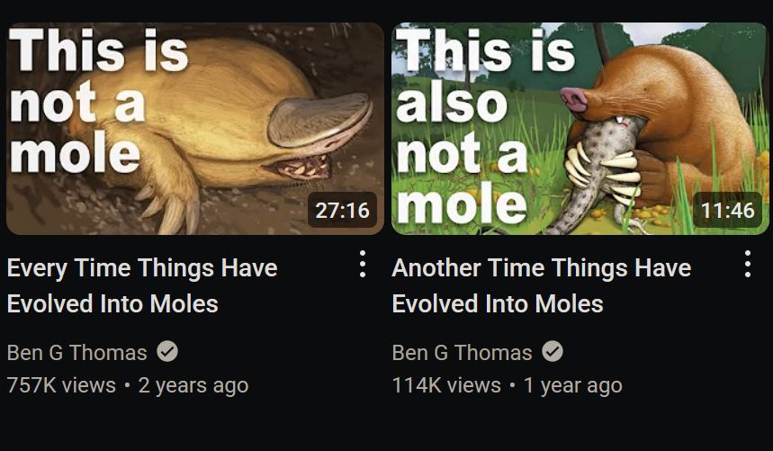 two youtube thumbnails from Ben G Thomas of an extinct mole like creature with the captions "this is not a mole" and "this is also not a mole"