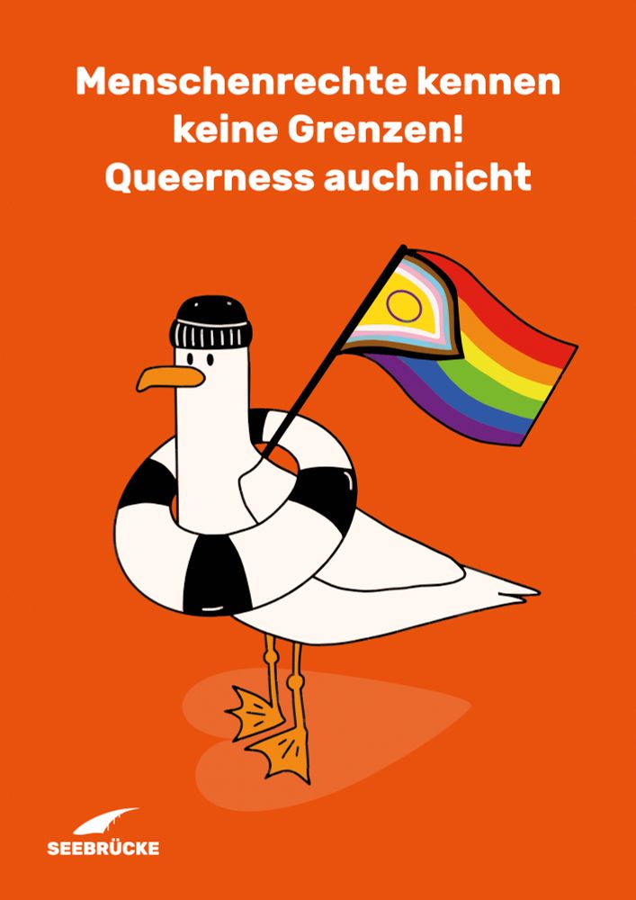 Bild einer Möwe mit Mütze, Rettungsring und Pride-Flagge auf orangem Hintergrund. Oben steht "Menschenrechte kennen keine Grenzen! Queerness auch nicht". In der linken unteren Ecke ist das Seebrücke-Logo in weiß.
