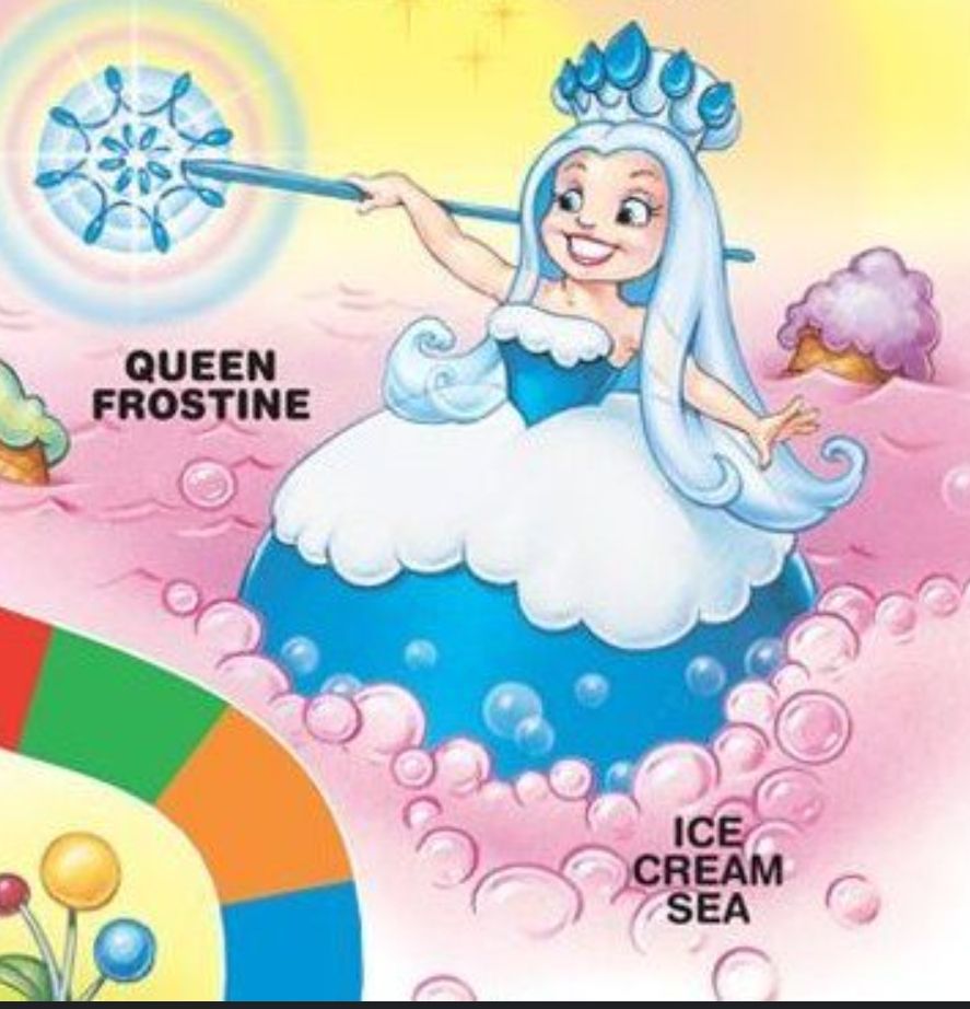 An ice cream queen in a blue and white frosting dress wielding a snowflake staff