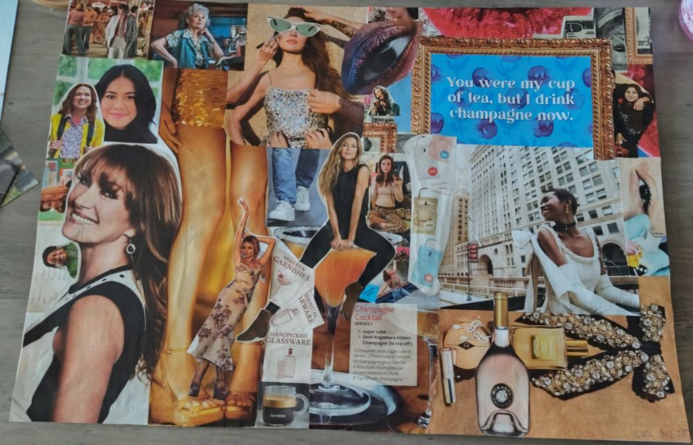 A collage based around the quote "You were my cup of tea, but now I drink champagne". Champagne colors, happy women, drinks, and freedom.