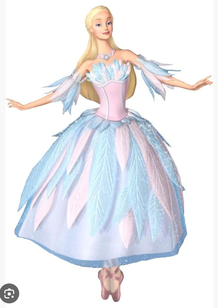 A long haired blonde ballerina in blue and pink feathered tutu like dress with feather accents on the corset and on the arms of the ballerina