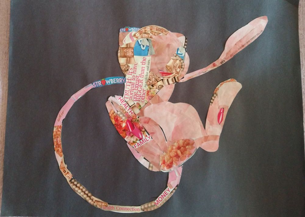 Art collage of Mew, magazine clippings in the shape of the pokemon mew