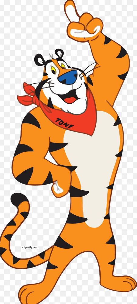 Muscular tiger with white belly, paws and face. Yellow eyes, blue nose, and a red bandana with 'Tony' in black letters on it. He's smiling and pointing upwards.