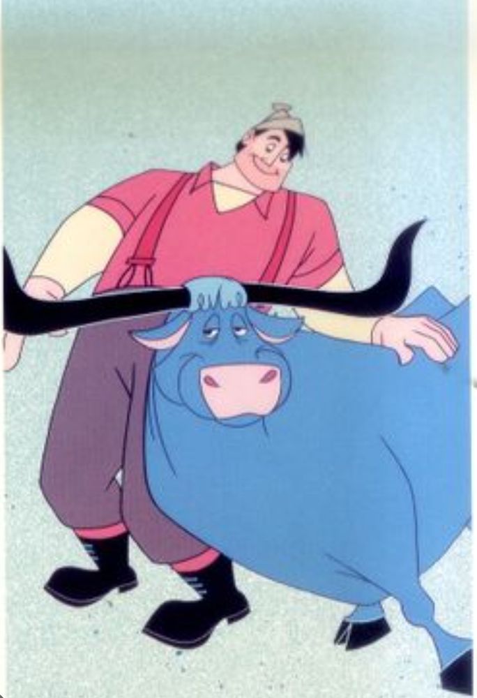 Giant lumberjack in red and yellow shirt with red suspenders holding up brown pants, red socks and black boots. The man is petting a blue ox with long black horns and hoofs. Pink nose and ears.