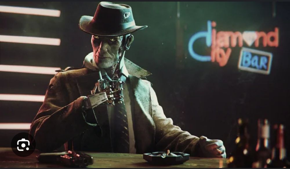 Android humanoid wearing a fedora, trench coat, collared white shirt and black tie sitting at a bar looking over his shoulder with glowing yellow eyes