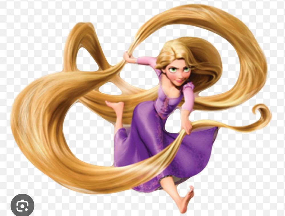 Girl with feet long golden hair running in a purple corset dress with pink accents.