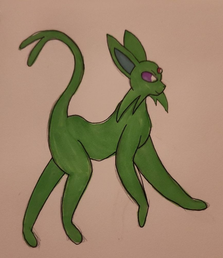 Shiny Espeon green cat like character with a two pronged tail, purple eyes, a red jewel above eyes, blue ear accents