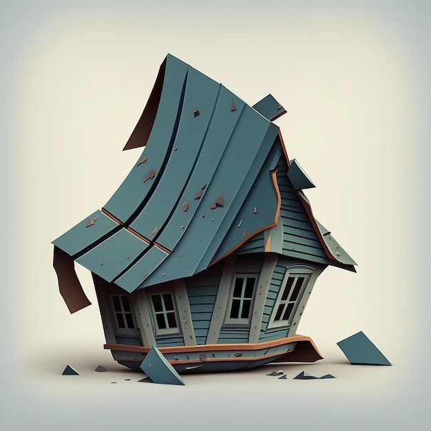 Poorly designed image of crooked house with roof falling off
