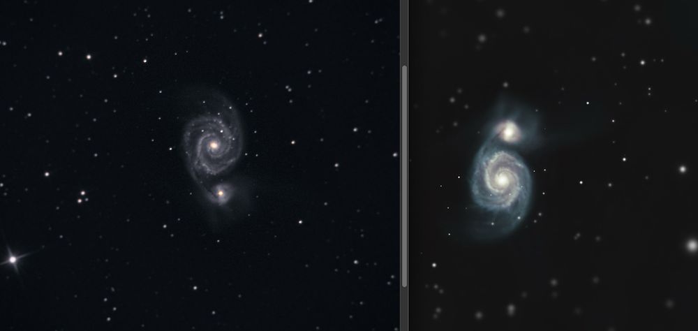Side by side comparison of M51 processed in 2024 vs 2025
