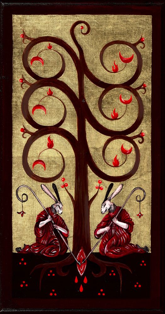 Two white hares in red stabbing a wound on the base of a tree which bears flames and moons. Golden background