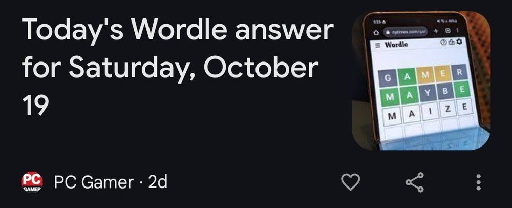 Screenshot of an ad for a PC Gamer article, the title for which reads "Today's Wordle answer..." 