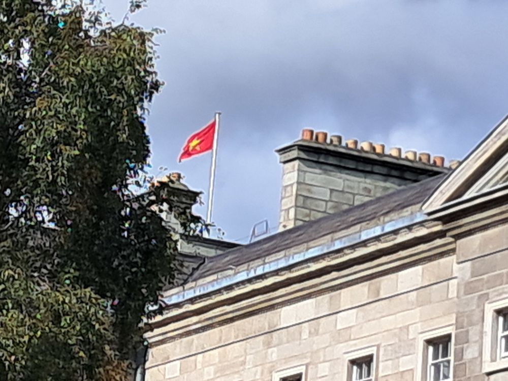 Flag of Vietnam flying at the northern end of the West Front of Trinity College Dublin.