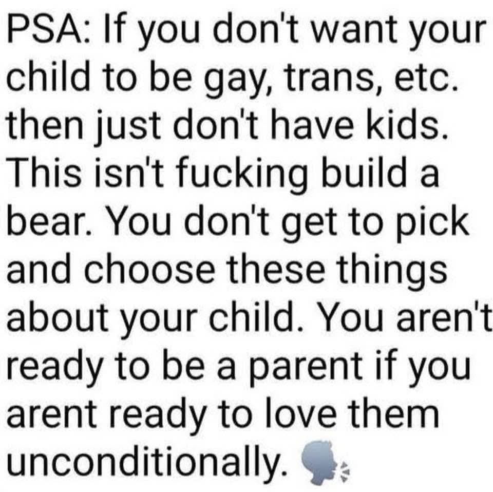 Picture saying: 
Public service announcement: If you don't want your child to be gay, trans, etc. then just don't have kids. This isn't fucking build a bear. You don't get to pick and choose these things about your child. You aren't ready to be a parent if you aren't ready to love them unconditionally. 