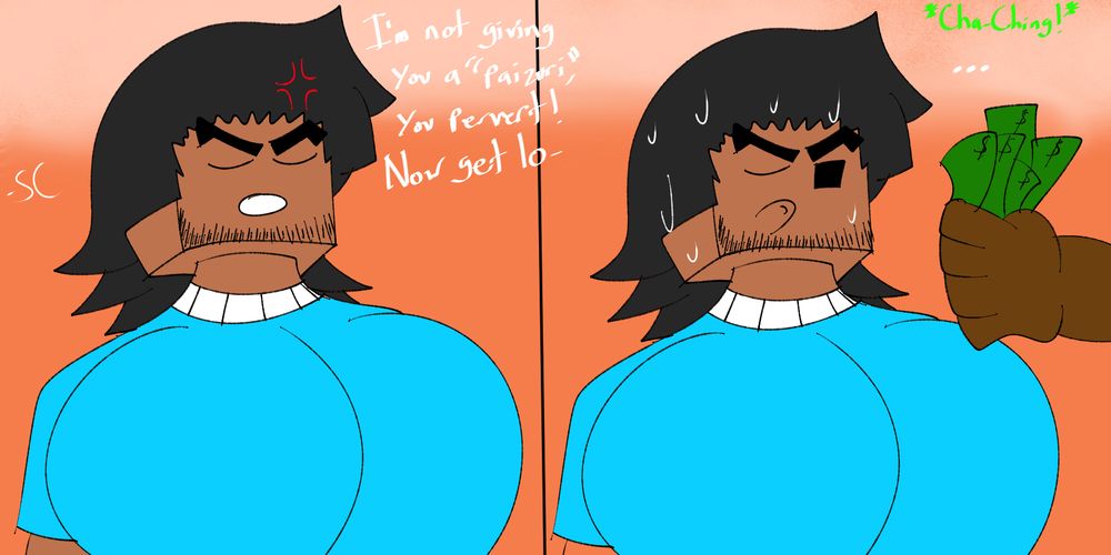 an image of Sospoo telling someone that he's not gonna do a lewd act before being handed money, presumably by them

"I'm not giving you a "paizuri" you pervert! Now get lo-"

*Cha-Ching!*

"..."