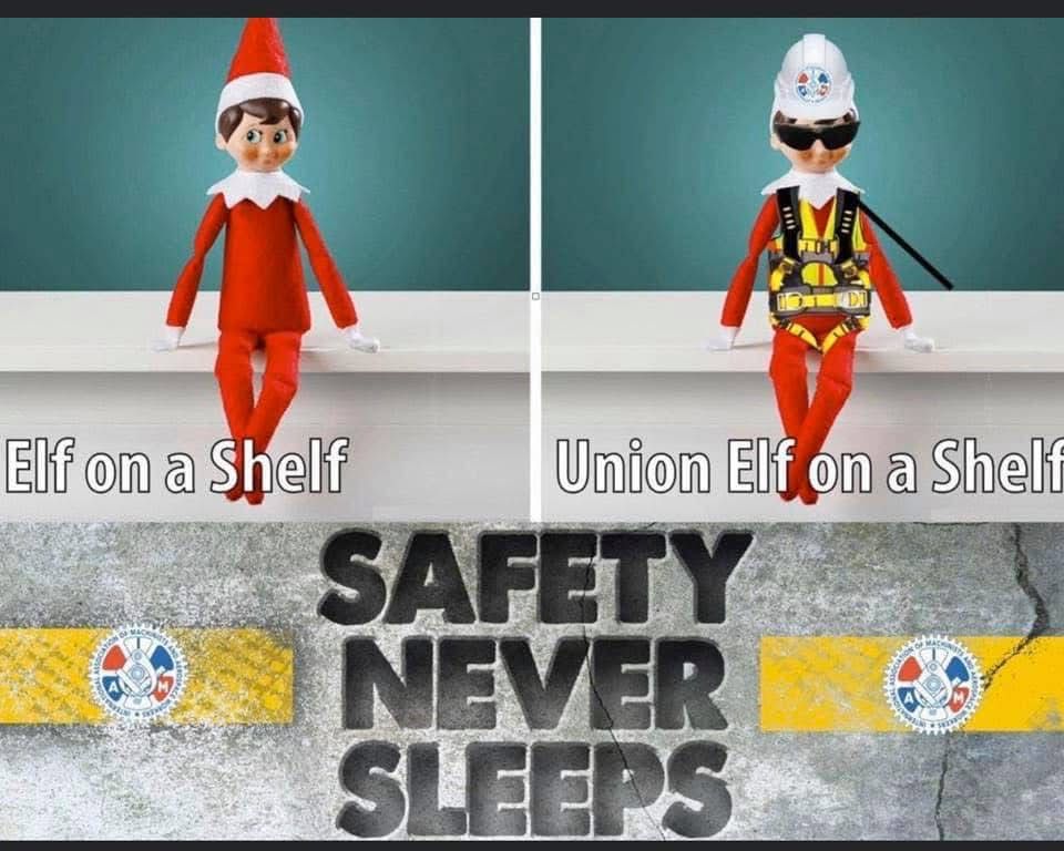 Elf on a Shelf vs Union Elf on a Shelf - the union Elf on a Shelf has safety gear, a harness, goggles, and a helmet