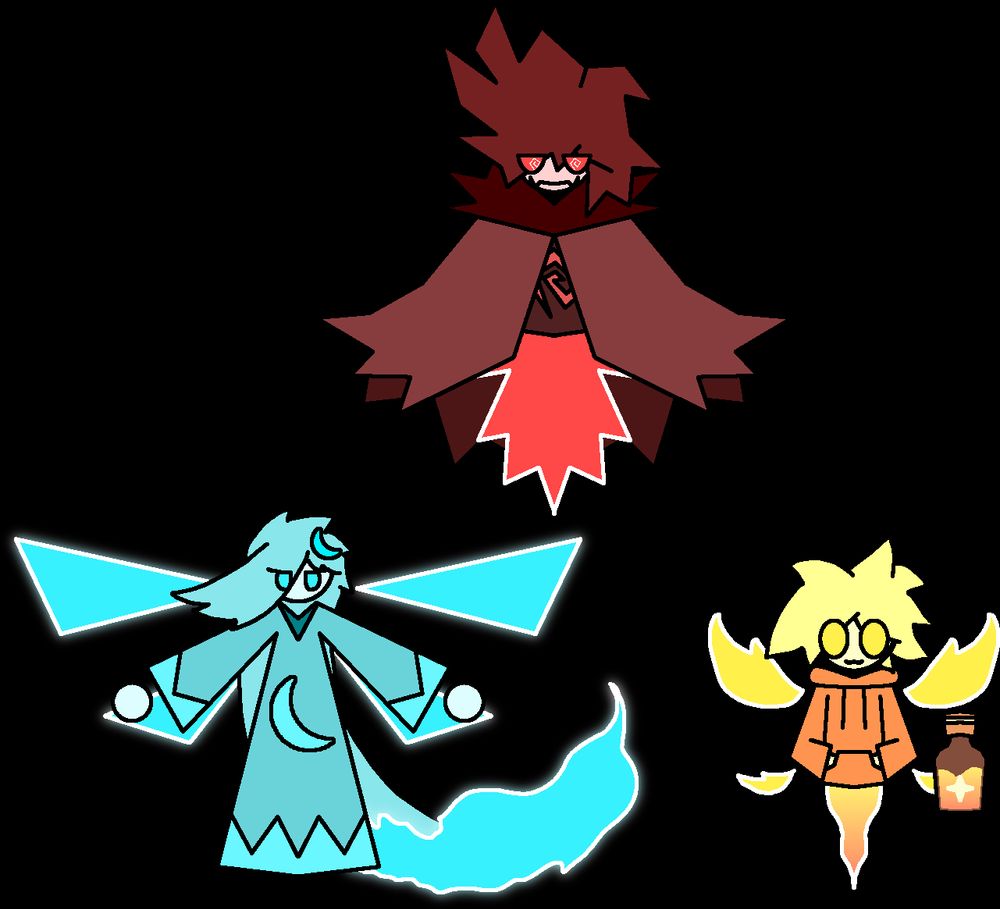 From top down, left to right: An unnamed character, Byia, and Empran, based on the Mischievous, Guiding, and Curious Lights from Doors.