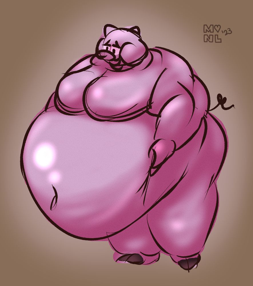 A sketch of a fat pink pig holding up their bloated belly. He's content with his size, as shown by their stare. Belly is shiny, as if it was oiled up.