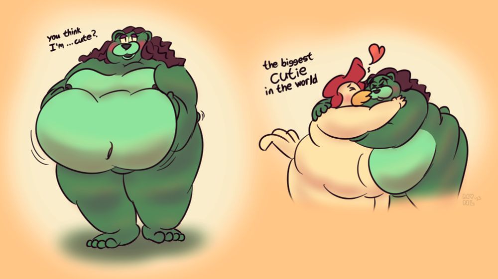 Portrait with an orange background, containing two images:
Left: a green bear holding out their fat belly outwards, blushing. They look happily to a person offscreen, saying "you think I'm ... cute?". 
Right: a white chicken is revealed to be the person the bear was talking to. She embraces the bear, kissing them while saying "the biggest cutie in the world" with emphasis on "cutie." A heart rises above them.
