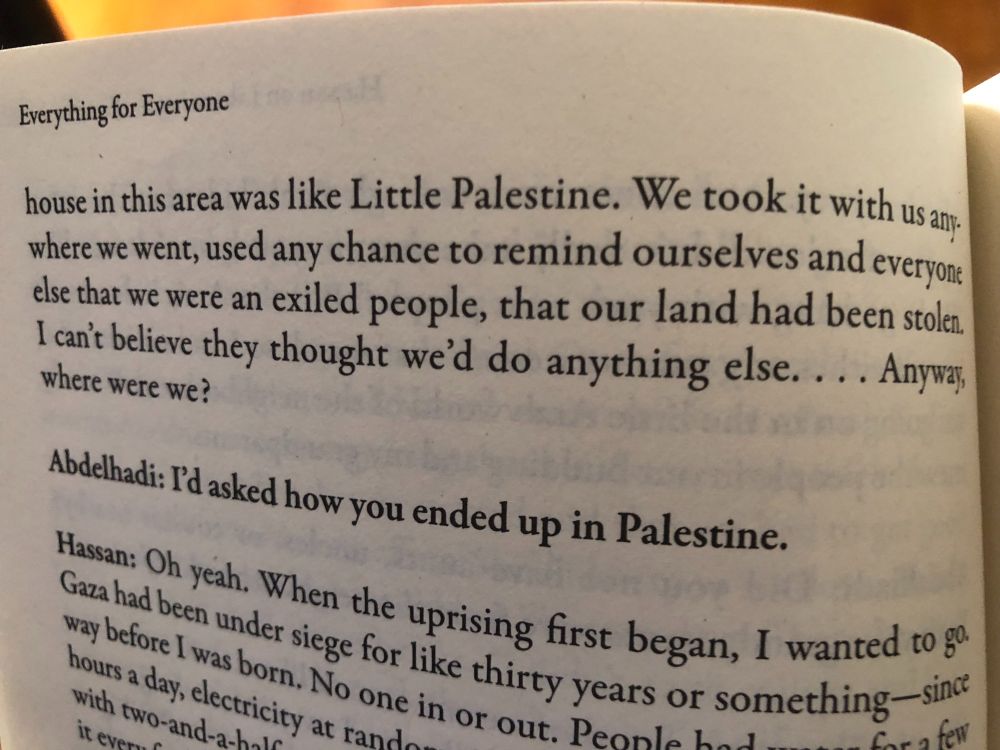 Text continues "Every house in this area was Little Palestine. We took it with us anywhere we went, used any chance to remind ourselves and everyone else that we were an exiled people, that our land had been stolen. I can't believe the thought we'd do anything else."