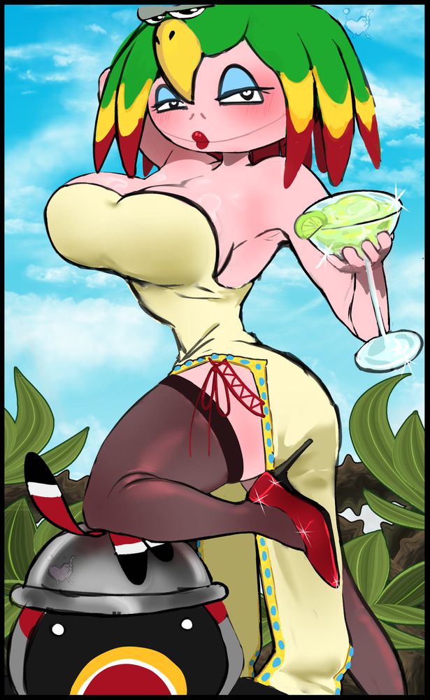 Valentia from Super Mario RPG posing and using Dodo as a stand to prop herself up on.