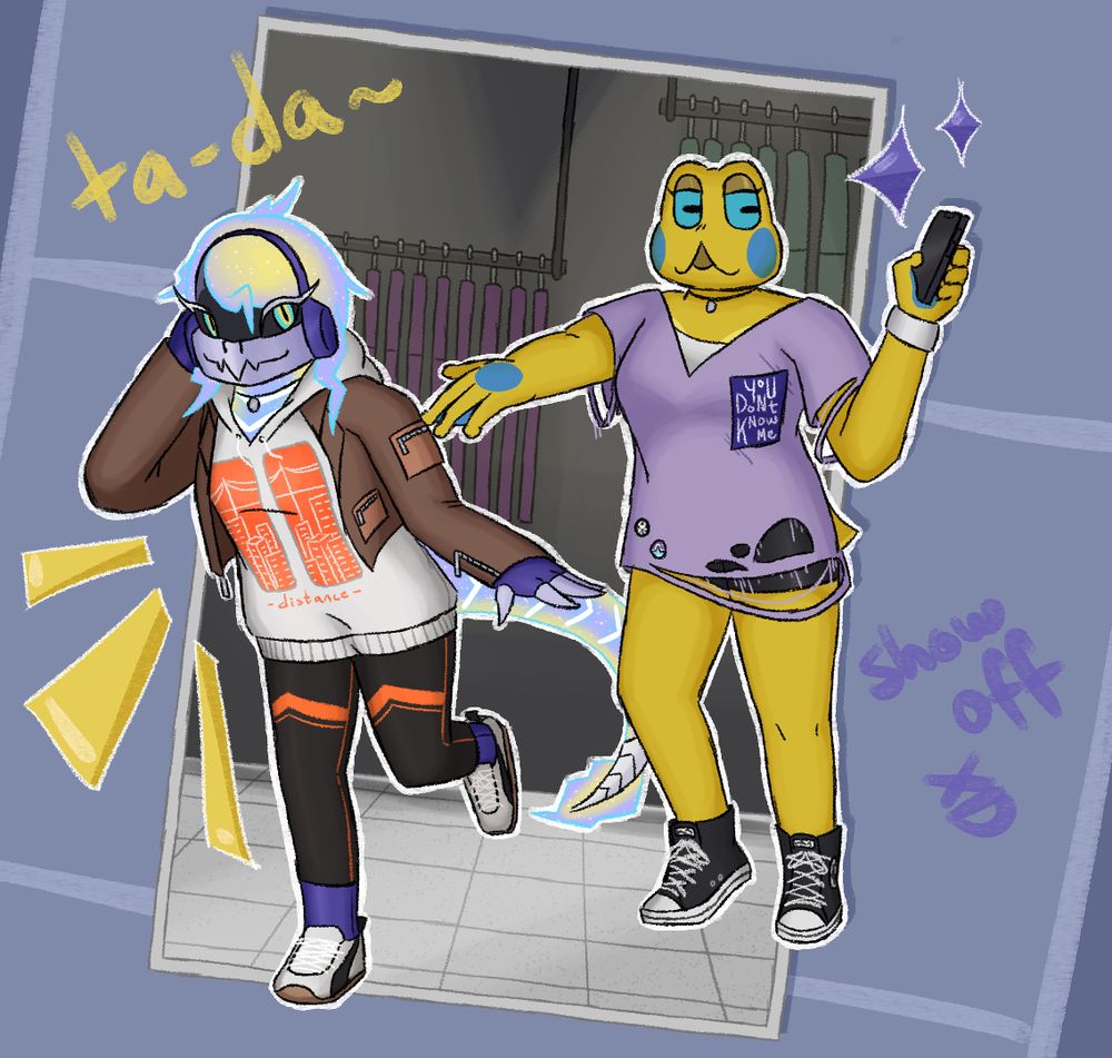 A drawing of an anthro frog (Tempo) and anthro Miraidon (NeON) at a clothing store. Tempo picked out the outfits, wanting to showcase NeON in his style.

The text on his shirt's patch reads "You don't know me".
The text on her hoodie reads "- distance -".
The writing on the sides reads "tada~" from Tempo and "show off XD" from NeON.